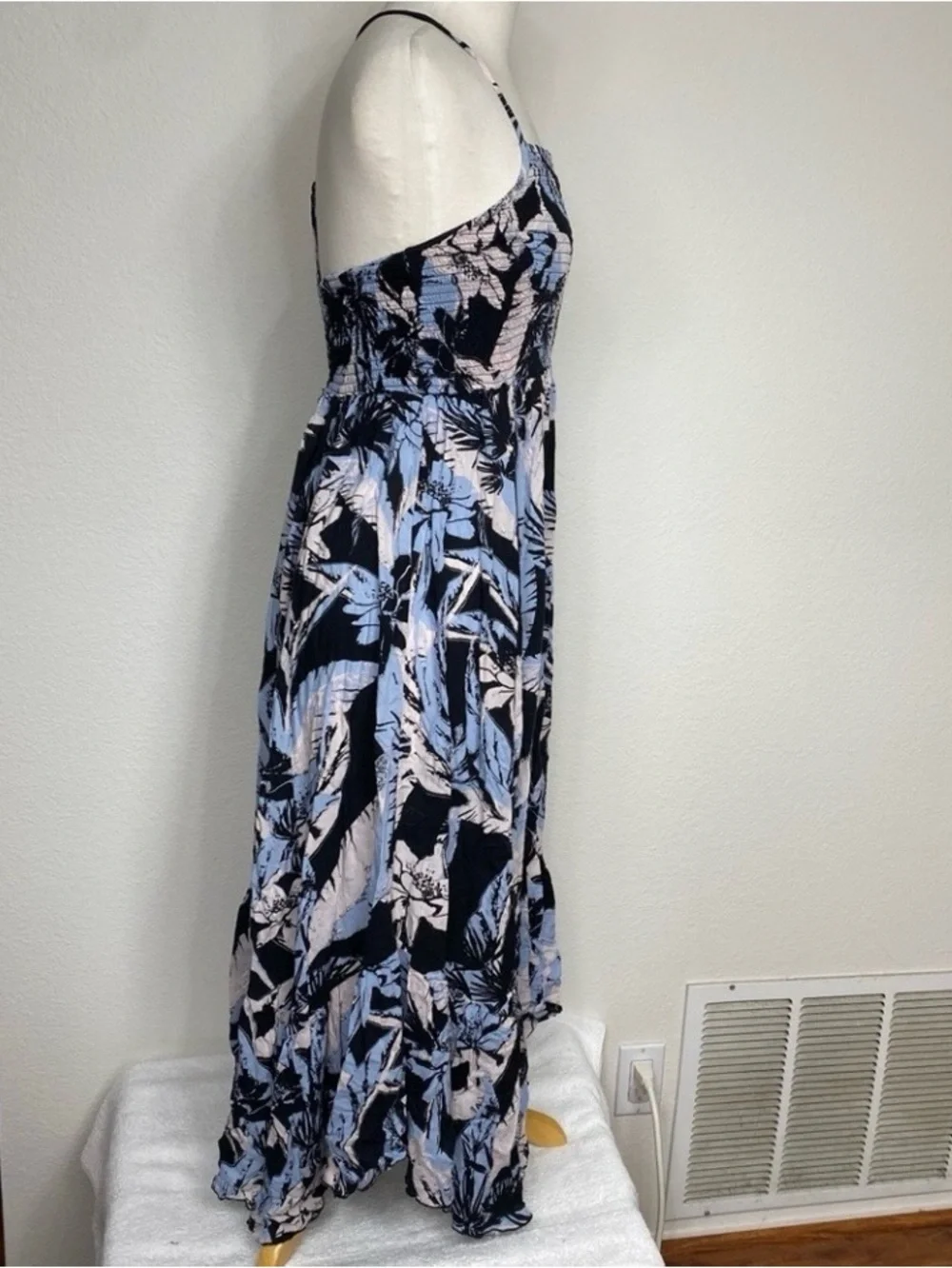 Free People Womens Blue Tropical Floral Smock Midi Dress Size Large Boho Coastal